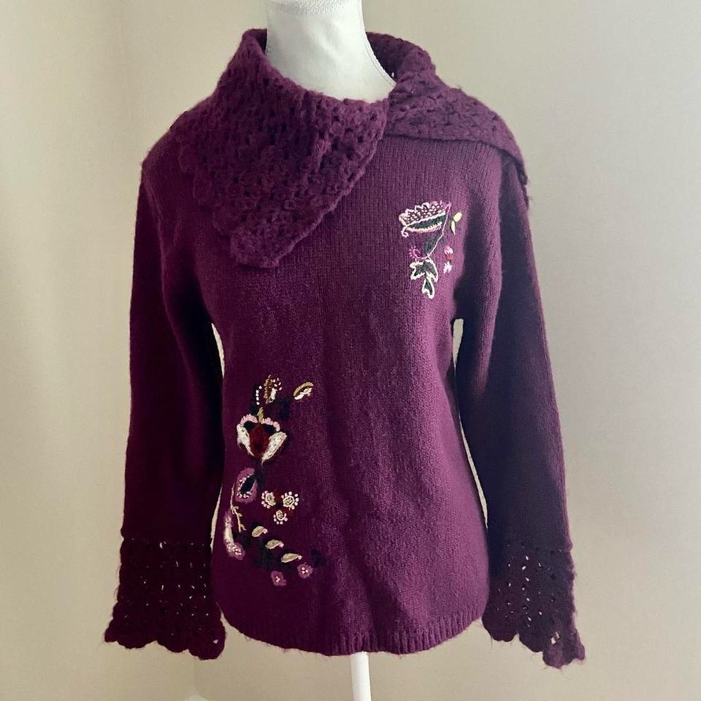 Chic Plum Women's Cowl Neck Sweater with Embroidery
